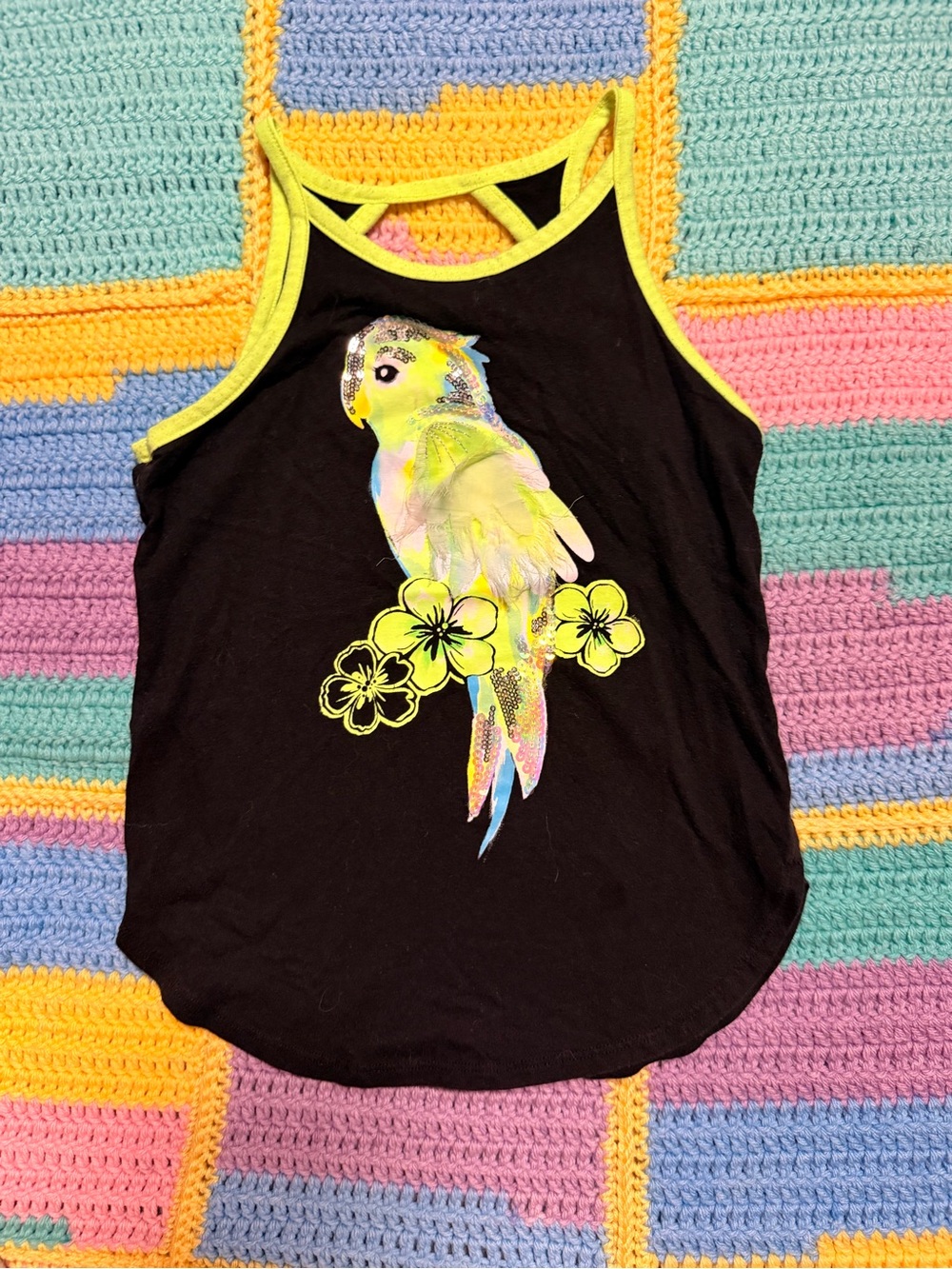 Justice Black Tank Top with Neon Yellow Trim & Parrot Graphic